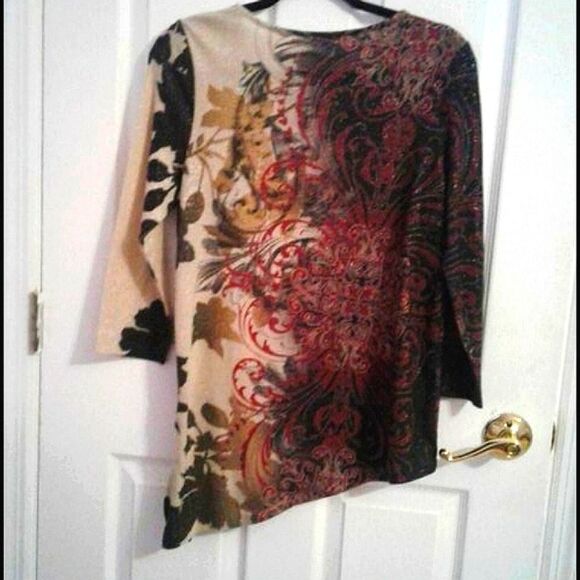 Chico's Boho Chic Cream Burgundy Abstract Floral Asymmetrical Top Fall - Picture 4 of 8